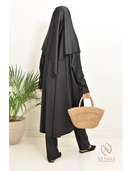 Black burkini with integrated swim khimar, loose-fitting and water-resistant