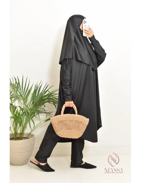 Black burkini with integrated swim khimar, loose-fitting and water-resistant