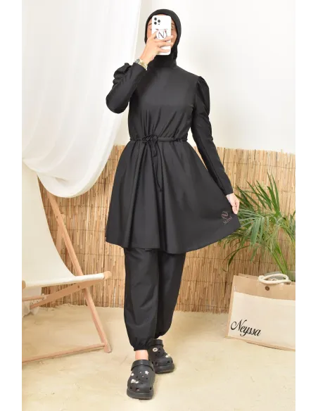 Burkini noir long et large avec cagoule intégrée pour femme voilée
