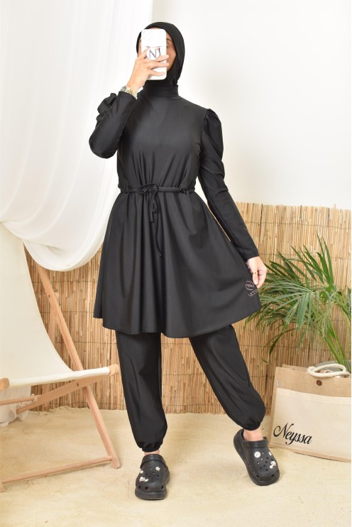Burkini noir long et large avec cagoule intégrée pour femme voilée