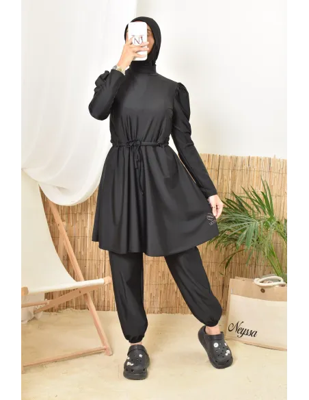 Burkini noir long et large avec cagoule intégrée pour femme voilée