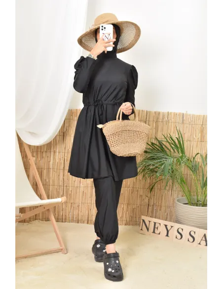 Burkini noir long et large avec cagoule intégrée pour femme voilée