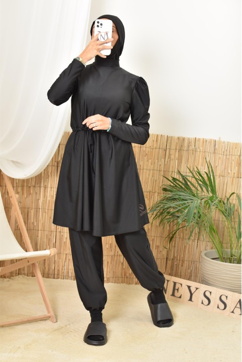 Burkini noir long et large avec cagoule intégrée pour femme voilée