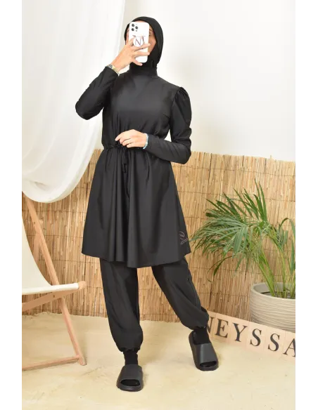 Burkini noir long et large avec cagoule intégrée pour femme voilée