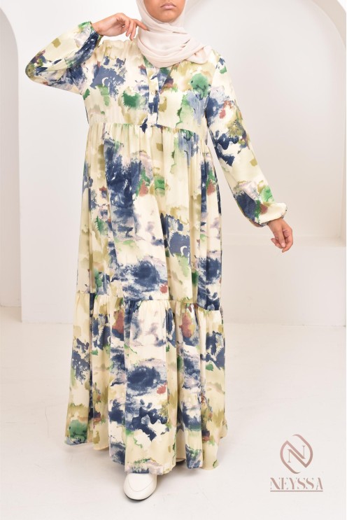 Longue robe bohème tendance été 2024, coupe modeste idéal femme voilée