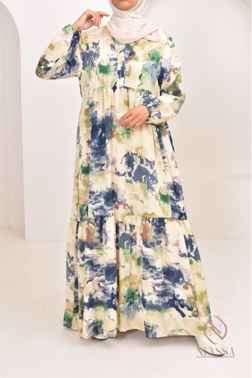 Longue robe bohème tendance été 2024, coupe modeste idéal femme voilée