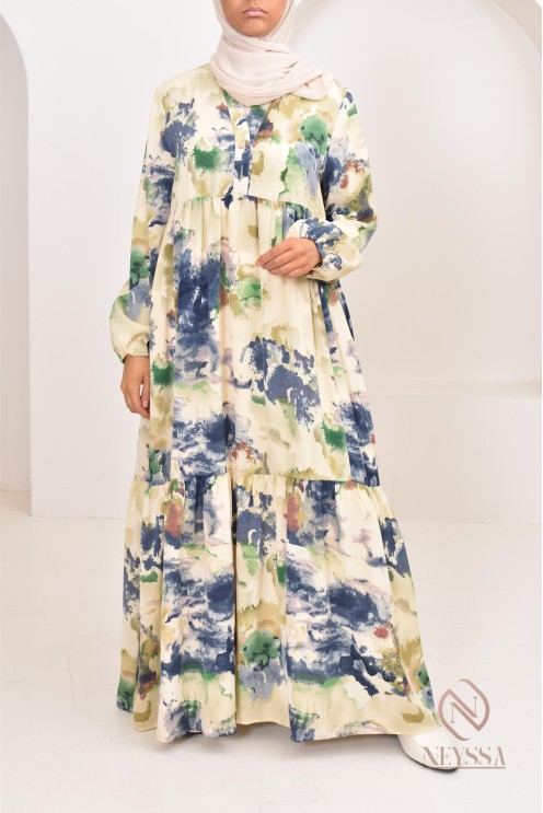 Longue robe bohème tendance été 2024, coupe modeste idéal femme voilée