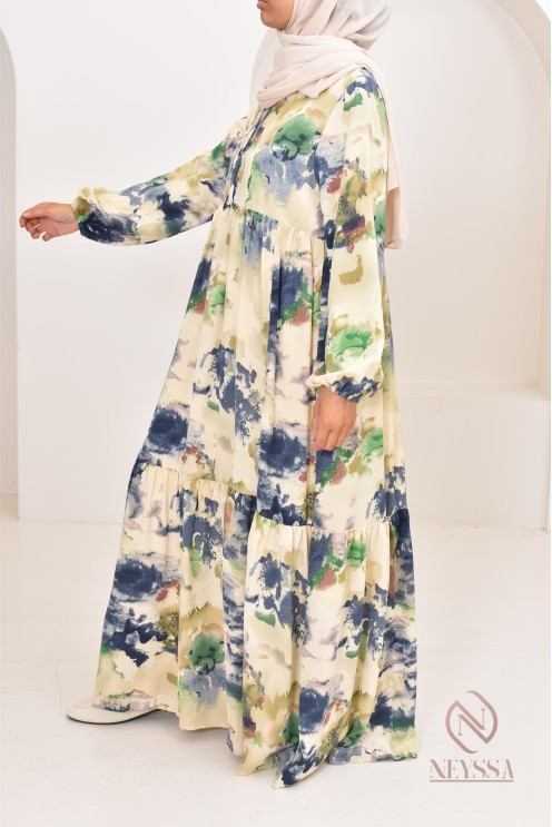 Longue robe bohème tendance été 2024, coupe modeste idéal femme voilée