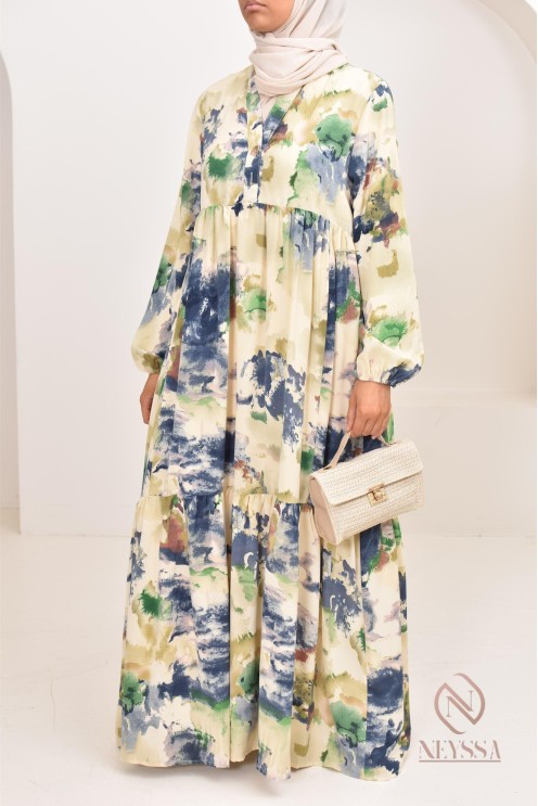 Longue robe bohème tendance été 2024, coupe modeste idéal femme voilée