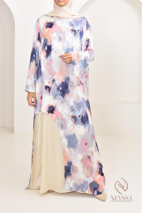 tunique longue asymétrique avec sous robe, tissu fluide léger été 2024