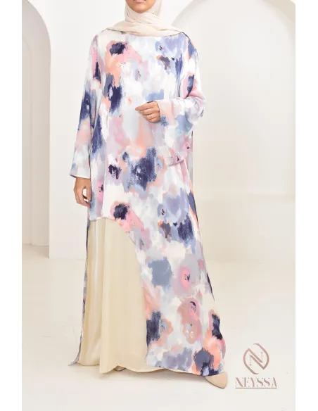 tunique longue asymétrique avec sous robe, tissu fluide léger été 2024