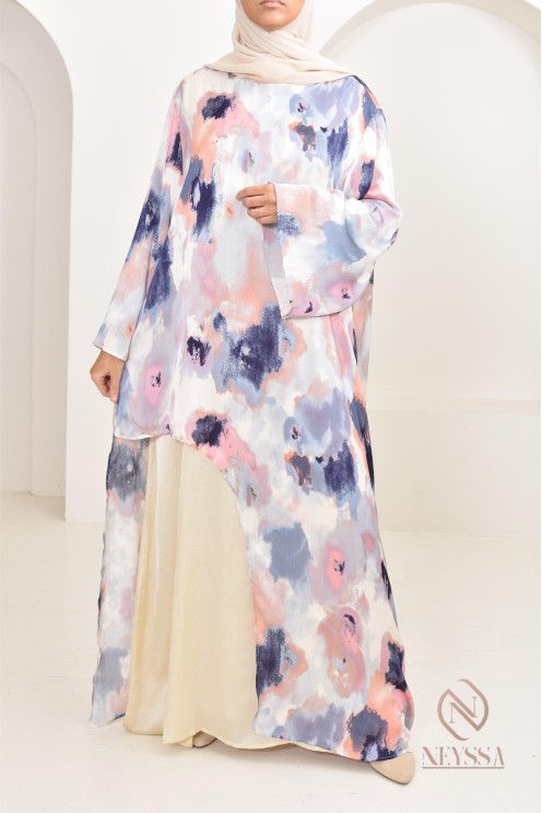 tunique longue asymétrique avec sous robe, tissu fluide léger été 2024