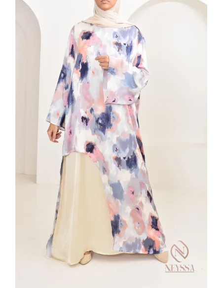 tunique longue asymétrique avec sous robe, tissu fluide léger été 2024