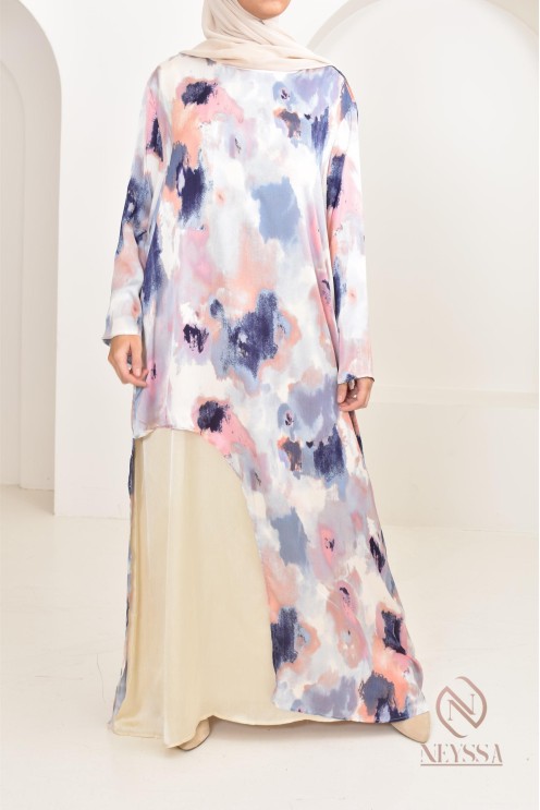 tunique longue asymétrique avec sous robe, tissu fluide léger été 2024