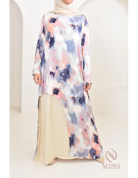 tunique longue asymétrique avec sous robe, tissu fluide léger été 2024