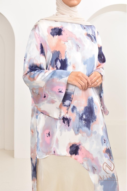 tunique longue asymétrique avec sous robe, tissu fluide léger été 2024