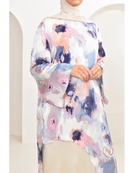 tunique longue asymétrique avec sous robe, tissu fluide léger été 2024