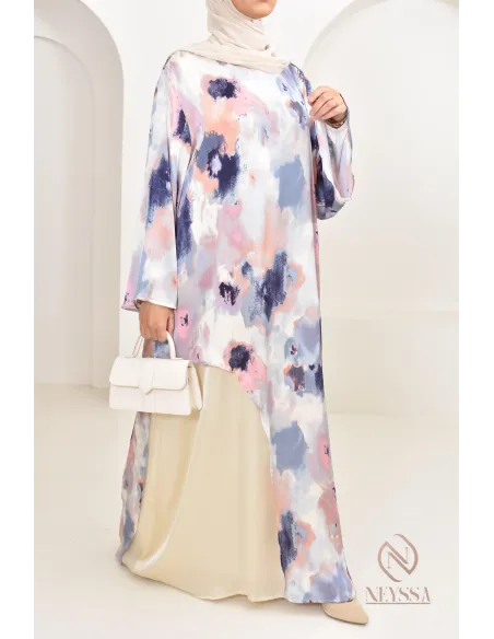 tunique longue asymétrique avec sous robe, tissu fluide léger été 2024