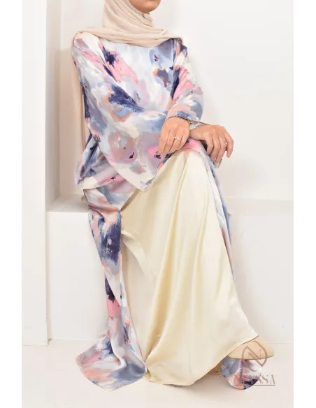 tunique longue asymétrique avec sous robe, tissu fluide léger été 2024