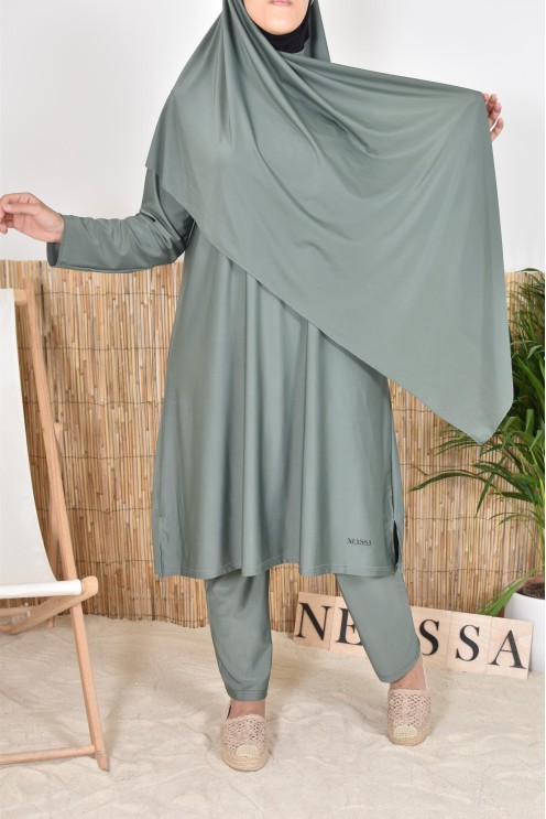 Hijab de bain à nouer kaki pour compléter son burkini, résistant et opaque