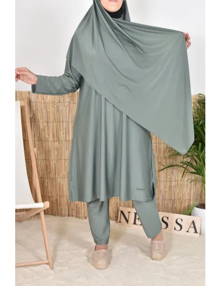 Hijab de bain à nouer kaki pour compléter son burkini, résistant et opaque